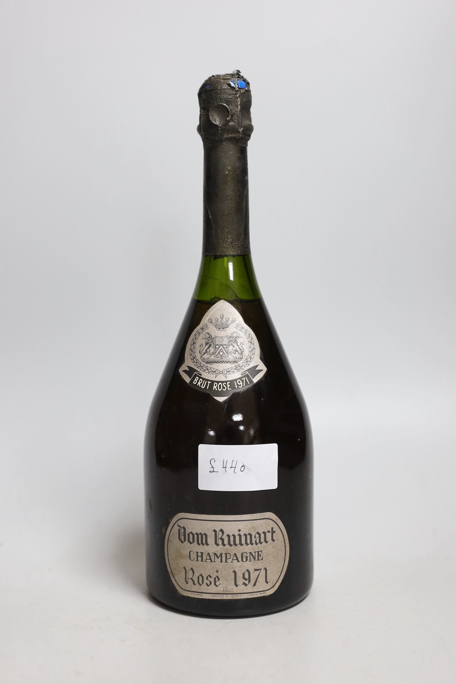 A bottle of Dom Ruinart champagne, rose, 1971